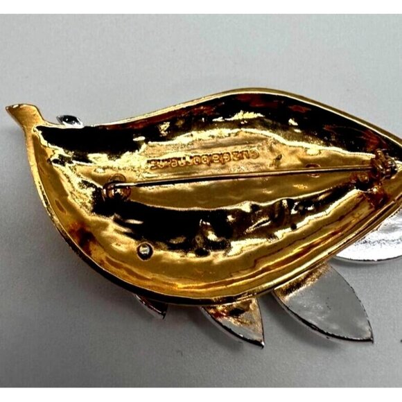Liz Claiborne Brooch Leaves Silver Gold Two Tone Double Leaf Pin Signed - Picture 7 of 9